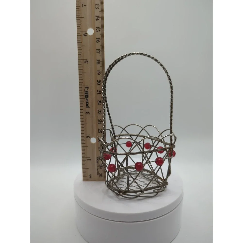 Vintage Heart Shape Mini Metal Wire Basket Red Beads Boho Valentine Decor